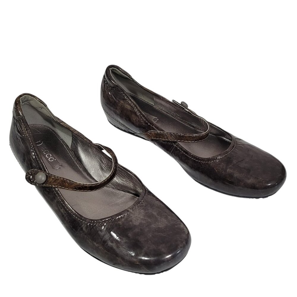 Ecco Bouillon Mary Jane Flats Womens 41 US 10 Gray Patent Leather Strap Button